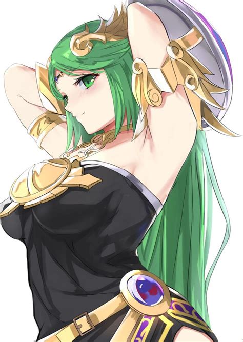 An Anime Character With Green Hair And Gold Armor Holding Her Arms Behind Her Head