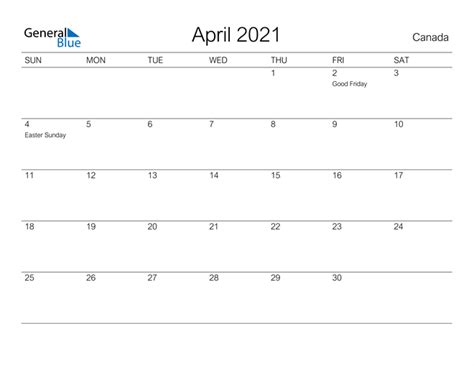 Canada April 2021 Calendar With Holidays