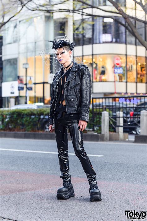 Leather Jacket Patent Leather Pants And Platform Boots In Harajuku