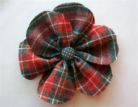 Large Plaid Fabric Flower Pin In Red Gray And By Raspberrymarket 15