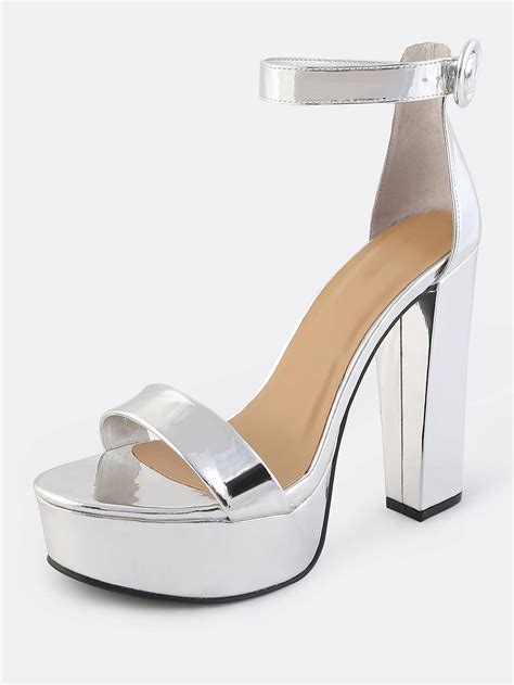 ankle strap metallic platform heels silver shein sheinside