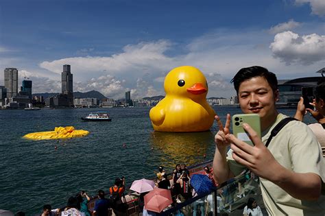 One Of Two Giant Rubber Ducks In Hong Kong Harbor Deflates