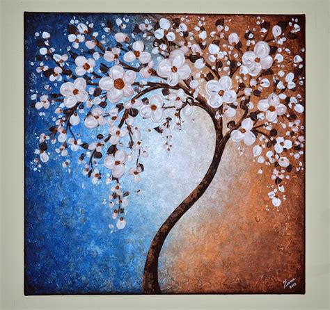 Round Wall Art Textured White Cherry Blossom Tree