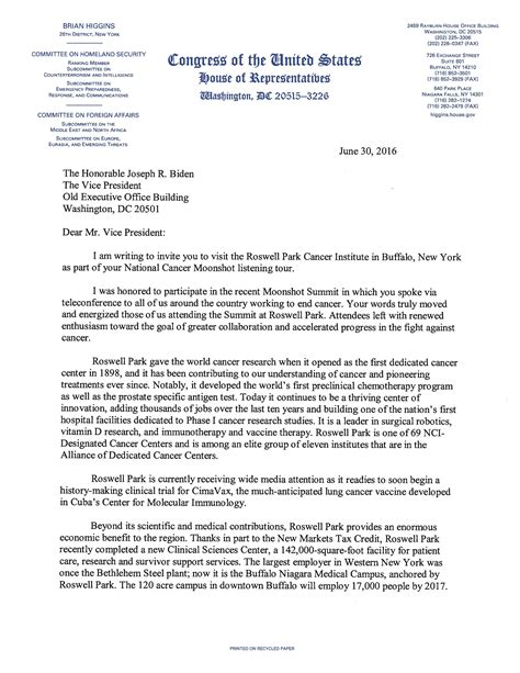 Each section of your letter should adhere to the appropriate format, starting with your contact information and that of your recipient's; Letter to Vice President Biden | Congressman Brian Higgins