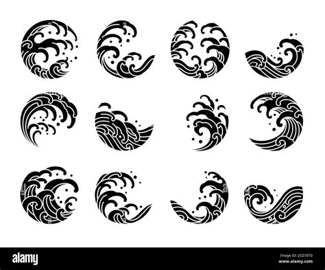 Set Of Japanese Water Wave Tattoo Oriental Silhouette Style Vector