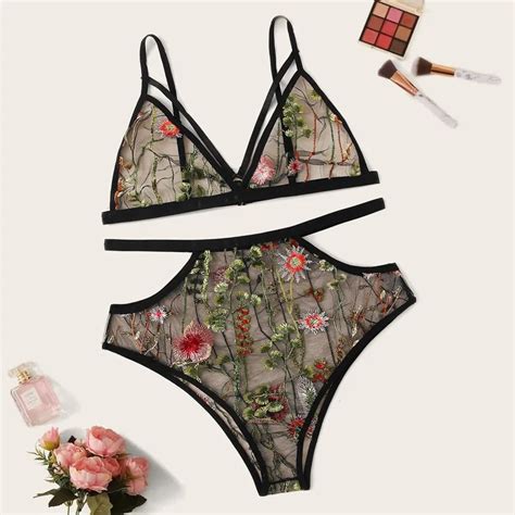 Mesh Flower Sexy Lingerie Lace Bra G String Sets Lace Embroidery