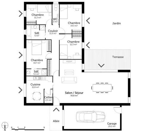 Plan Maison Plain Pied En L Avec 4 Chambres Ooreka