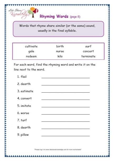Rhyming Worksheets For 4th Grade