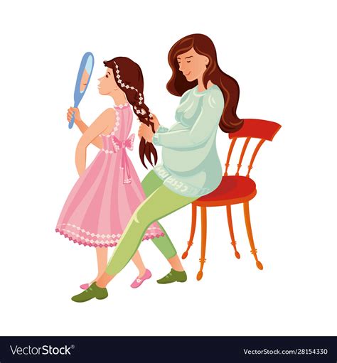 Pregnant Mother Combs Her Daughter S Hair Vector Image