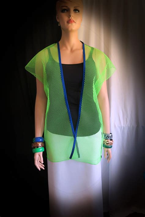 New Summer Seahawk Mesh Cover Up Neon Mesh And Blue Stretch Vest Robe