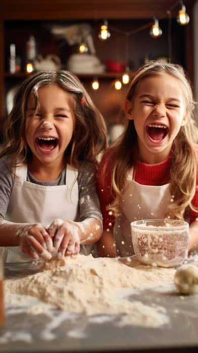Two Young Girls Bake Holiday Cookies Together Laughing As They Mix Up Flour And Sprinkles At A