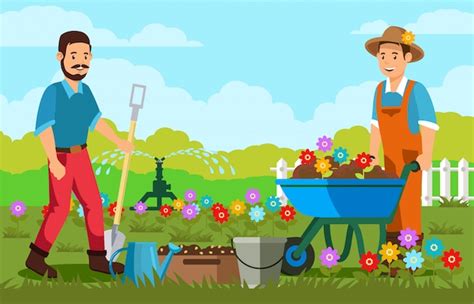 Jardineros Plantando Flores Ilustración Vectorial Vector Premium