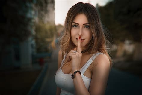 Wallpaper Model Brunette Portrait Looking At Viewer White Tops Red Nails Watch Finger