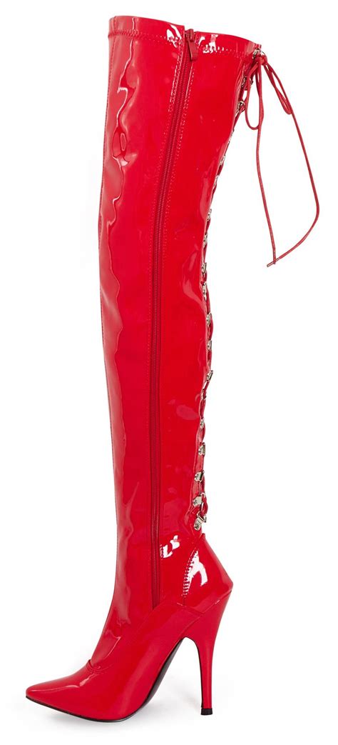 Womens Thigh High Shiny Patent Kinky Over The Knee Stiletto Hook Lace