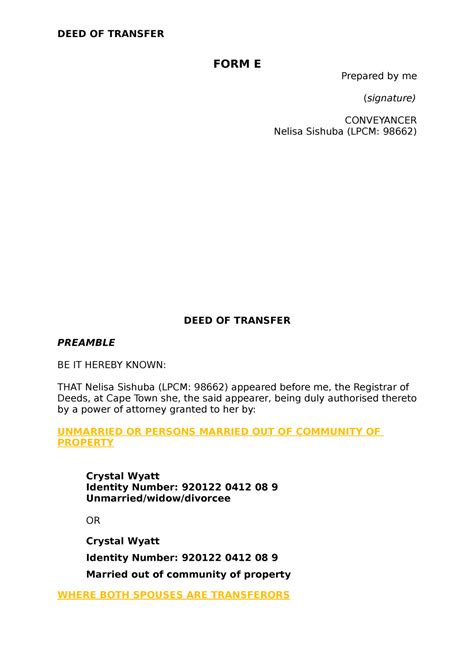 Chapter 4 Deed Of Transfer Form E Prepared By Me Signature