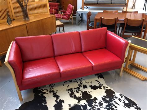 Danish Vintage Red Leather Sofa With Beech Frame Vintage Sofa Red