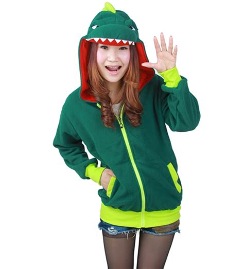 Cartoon Green Dinosaur Sweatshirts Long Sleeve With Zipper Hat Cosplay
