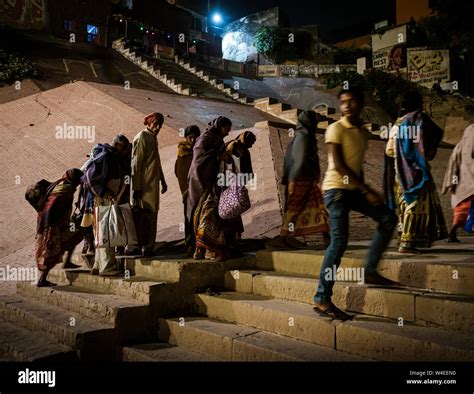 Varanasi India Circa November 2018 People At Night Walking On The