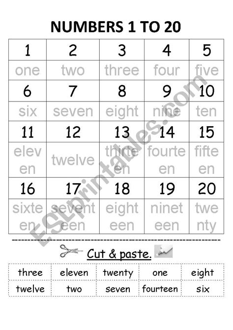 Numbers 1 To 20 Cut And Paste Esl Worksheet By Silvigit