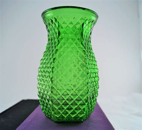 Green Glass Vase Vintage Hoosier Diamond Point 5 In For