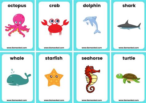 Black red orange yellow green blue purple multiple colors no border (saves on ink) now it's time to enter your flashcard information! Sea Animals Flashcards For Kids | Printable flash cards ...