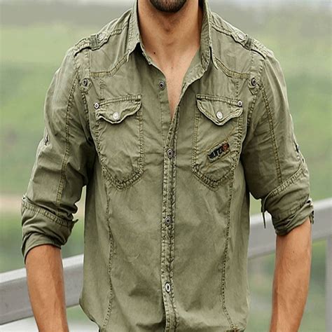 Shirt Men Casual Style Military Cotton Army Green Ebay
