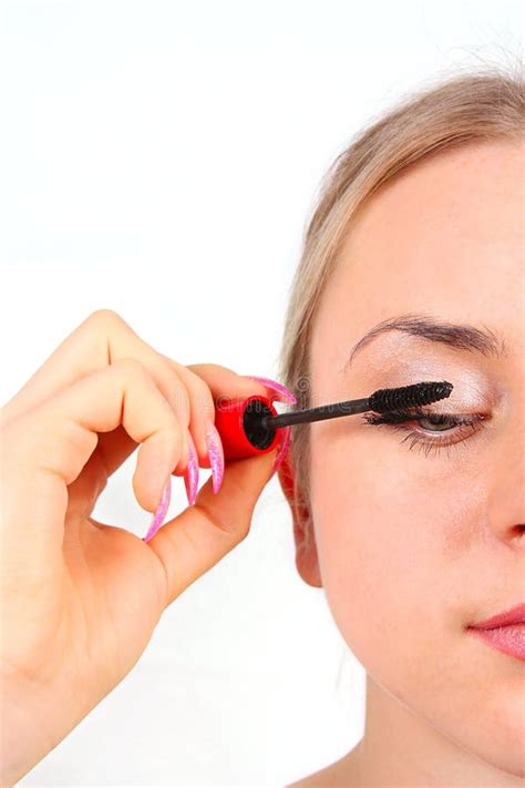 Beautiful Woman Applying Mascara On Eyelashes Stock Image Image Of