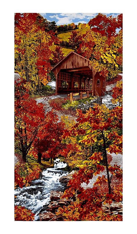 Timeless Treasures Autumn Covered Bridge Scenic Panel By The Yard 23