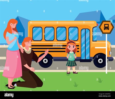 Parents With Her Student Daughter Back To School Vector Illustration