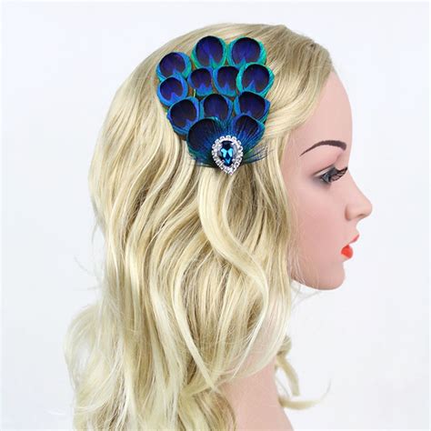 Retro Indian Style Peacock Feather Blue Crystal Rhinestone Hair Clip