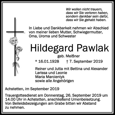 Traueranzeigen Von Hildegard Pawlak Schwaebische De Trauerportal My