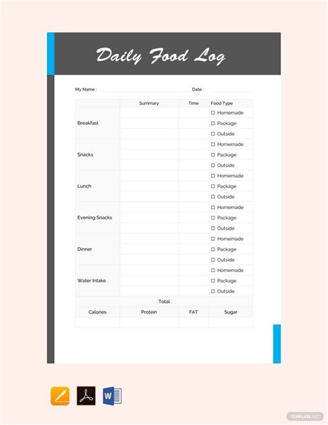 Spaghetti, burgers, pizzas, and cocktails. Daily Food Log Template Free PDF - Word | Apple Pages ...