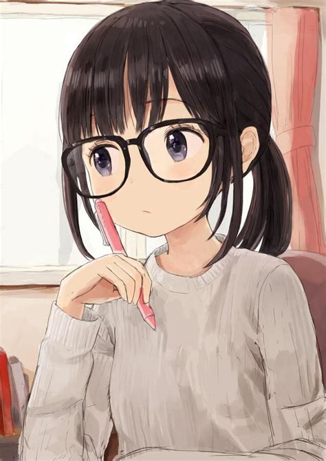 Anime Art~♡ Bishoujo Beautiful Anime Girl Ponytail Glasses