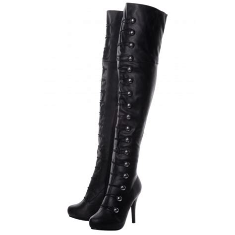 Over The Knee Black Matt Button Detail Boots png image