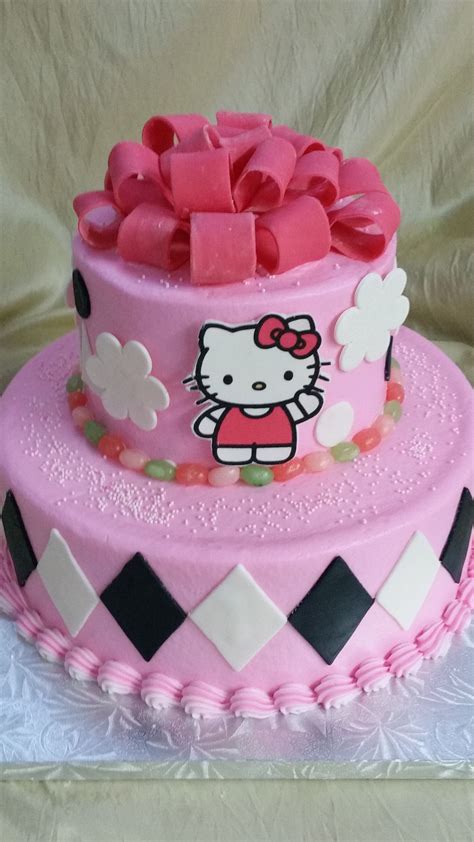 2 Tier Buttercream Finished Hello Kitty Birthday Cake With Fondant Appliques And Bow Hello