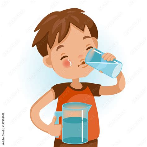 Drink Water Cute Boy In Red Shirt Holding Glass Of Kid Drinking Water