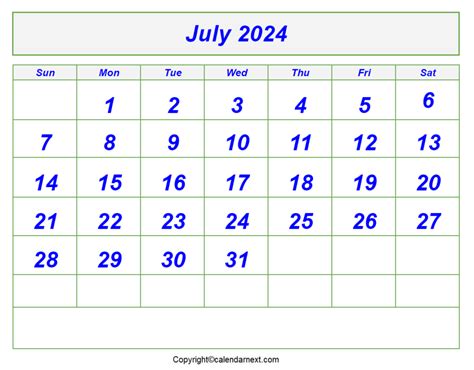 Blank July 2024 Calendar Calendar Next