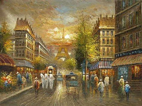 Oil Painting Paris Street Scene Impressionism Landscape And Eiffel Tower