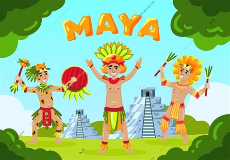 Maya Civilization Landscape Composition With Text And Cartoon Style