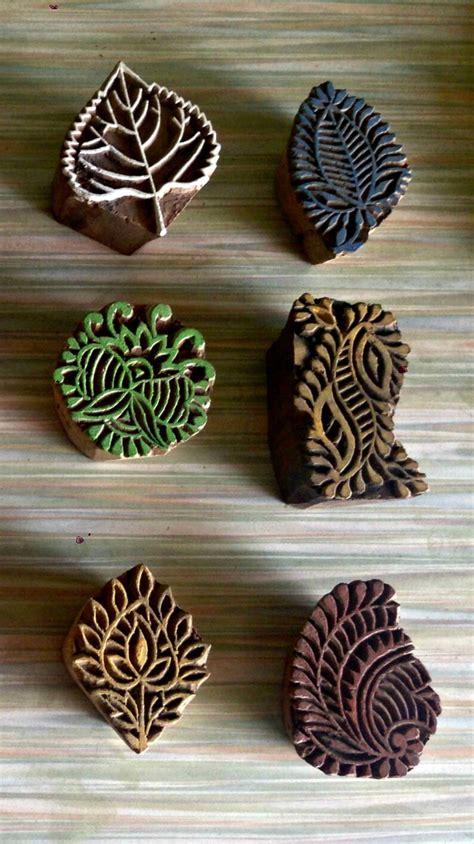 Set Of 5 Wood Stamps Textile Stamps Hand Carved Wood Etsy