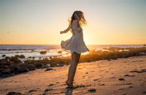 wallpaper sunlight model blonde sunset sea shore sand beach dress evening morning