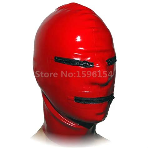 Full Cover Sexy Red Latex Mask Hood With Eyes Mouth Zipper Fetish