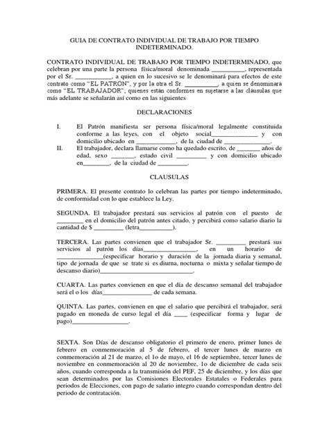 Contrato Individual De Trabajo Por Tiempo Indeterminado Salario