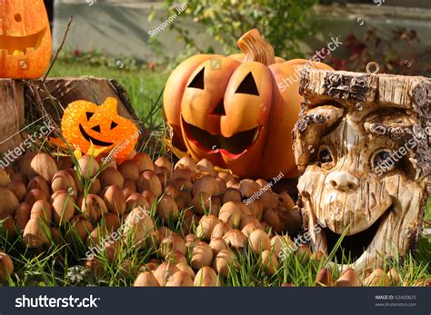 Halloween Decoration With Pumpkin And Tree Stump Stock Photo 63400825