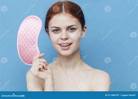 Woman With Pink Sleep Mask On Blue Background Cropped View Stock Image Image Of Relaxation