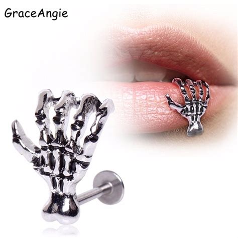 Graceangie Sexy Labret Lip Piercing Jewelry Skull Hand Stainless Steel