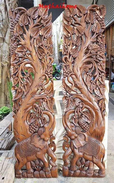 2 Large Wood Carved Elephant Hand Carved Natural Teak Wood Etsy