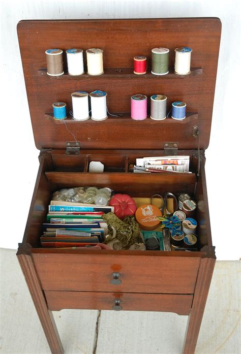Vintage Wood Sewing Storage Table Including Sewing Supplies As