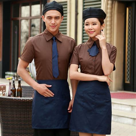 waiters work clothes summer hotel catering fast food coffee shop blue uniforms men and women