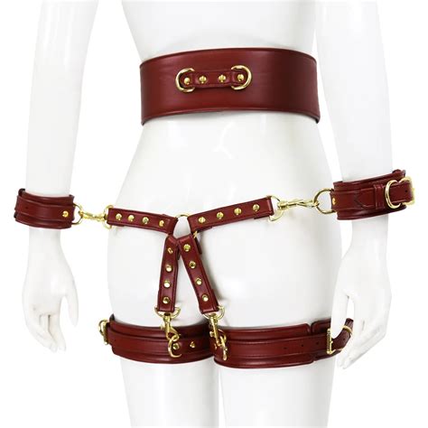 Bdsm Slave Bondage Leather Harness Rope With Cross Lock Handcuffs Leg